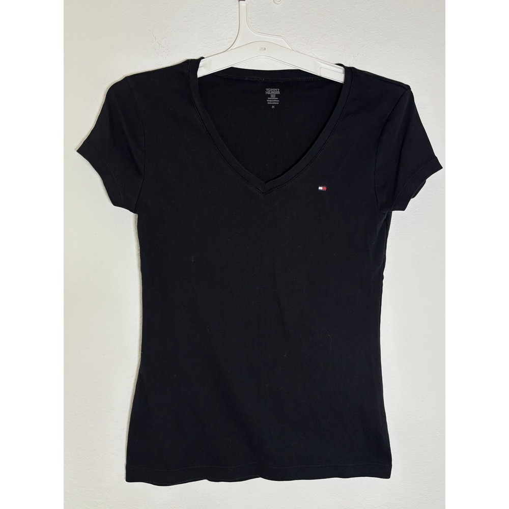 Tommy Hilfiger Womens V-Neck T-Shirt Black Short Sleeve Flag Logo Size M